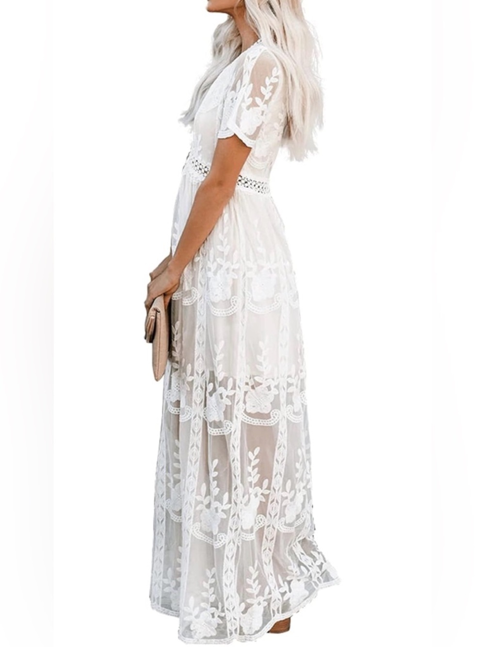 NWOT Deep V Neck Short Sleeve Floral Lace Dress Long Bridal Shower Maxi Dresses - Picture 5 of 15